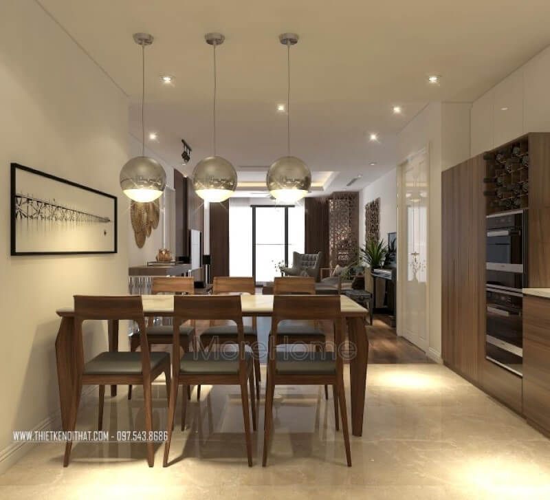 Bộ bàn ăn 6 ghế gỗ óc chó cao cấp được đặt trong căn hộ chung cư hiện đại Imperia Garden Hà Nội tạo nên một hình ảnh đẹp.
