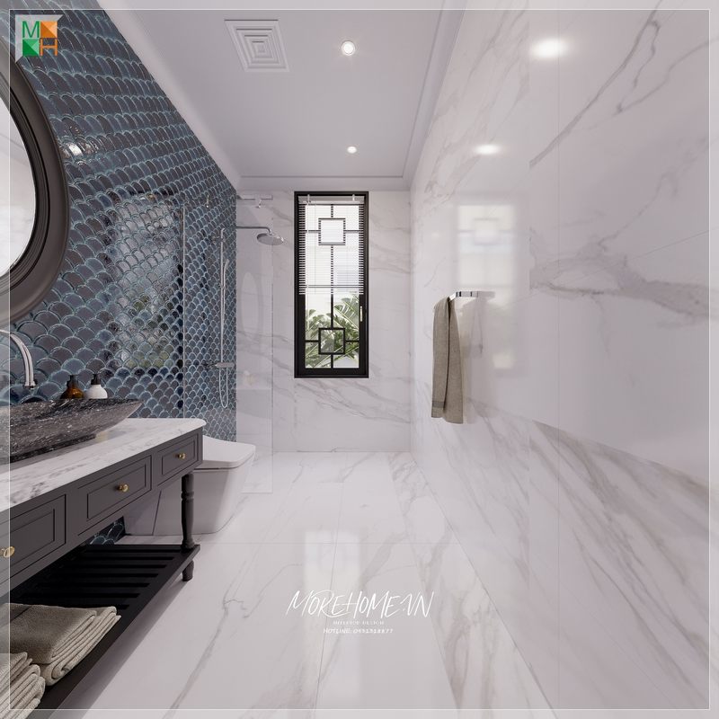 Sự kết hợp giữa đá nhân tạo cao cấp, ốp tường và lát sàn sẽ làm cho phòng tắm trở nên sang trọng và bóng bẩy hơn.