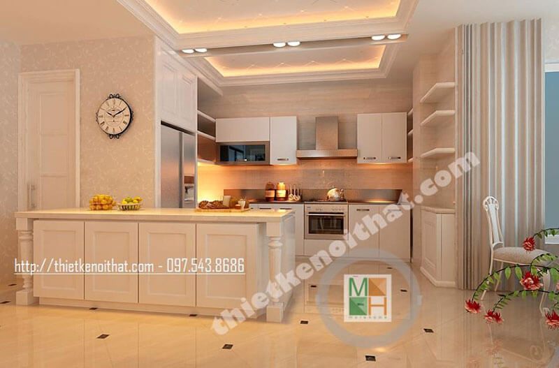 Thiết kế nội thất phòng bếp hiện đại bằng gỗ tone màu trắng sẽ tạo nên một không gian nấu nướng tiện nghi cho người nội trợ. Điều này sẽ làm ấn tượng mạnh mẽ với những ai đến thăm.
