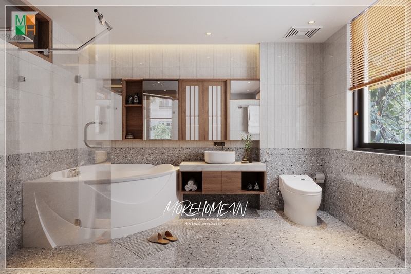 Kệ tủ lavabo treo tường có thiết kế hiện đại, được làm bằng gỗ công nghiệp và mặt đá trắng, cung cấp diện tích tối ưu để sắp xếp đồ dùng trong phòng tắm, giúp bạn tiện lợi và gọn gàng hơn.