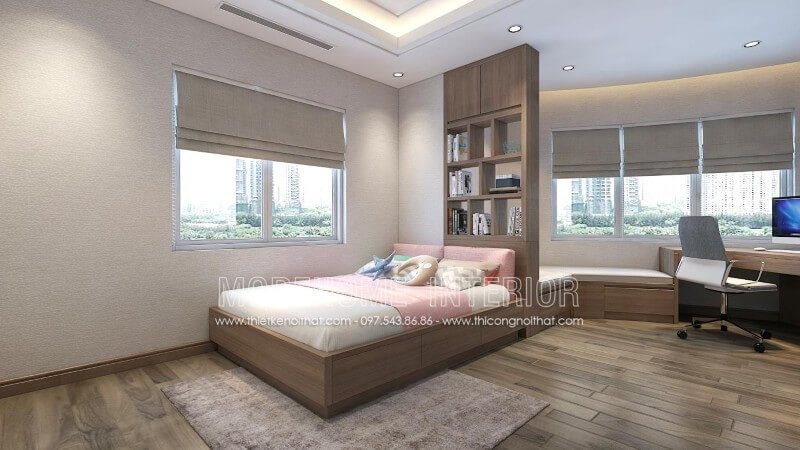 .
Phòng ngủ được trang bị nội thất tối giản với một chiếc giường hiện đại có kệ trưng bày và ngăn kéo ở phía sau giúp tối ưu hóa không gian và tạo nên một vẻ đẹp độc đáo.