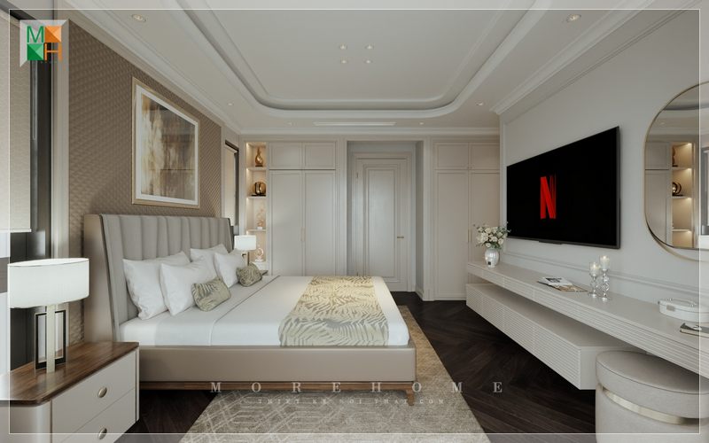 Kệ tivi treo tường gỗ tự nhiên màu trắng hiện đại là một phần trang trí đẹp mắt cũng như cung cấp không gian và công năng sử dụng tiện lợi.